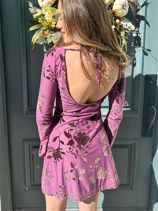 Backless Printed Backless Mini Dress Female Seethrough Laceup Patchwork Bandage Dress Summer Dress