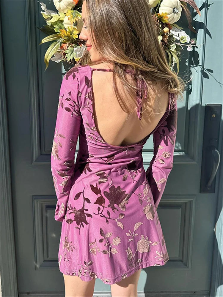 Backless Printed Backless Mini Dress Female Seethrough Laceup Patchwork Bandage Dress Summer Dress