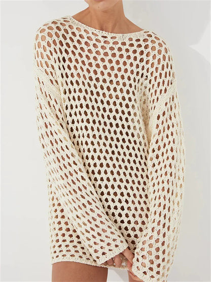 Hollow Out Knit Cover Up Dress for See-through Loose Beach Holiday Mini Dress Summer Splice Knitwear Cover Up