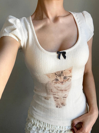 Cat Print Square Neck Slim Fit T-shirt Crop Top