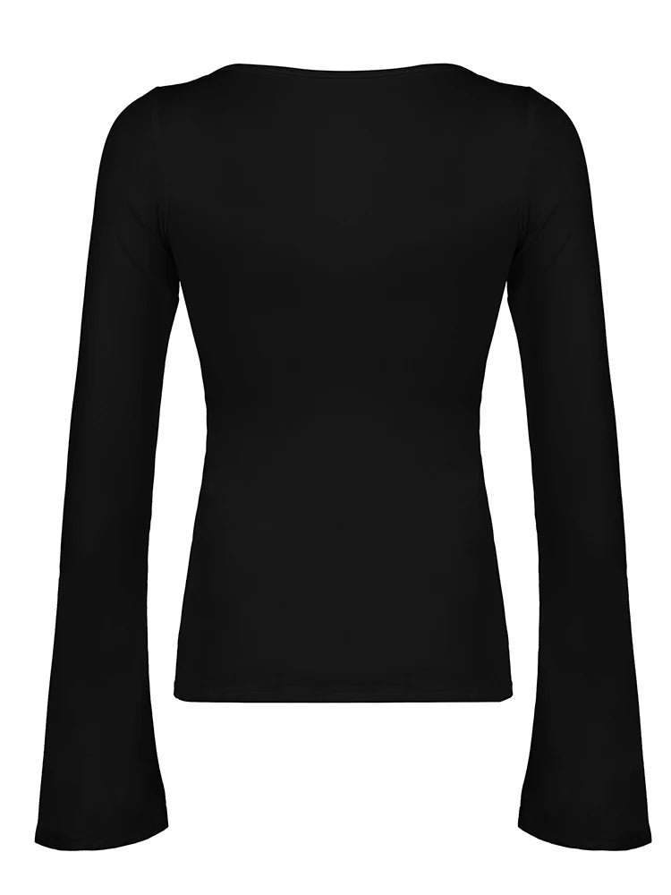 Black Tie V Neck Split Slim Blouses Flared Long Sleeve Basic Spring Autumn Shirts