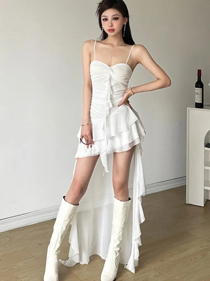 Y2k Irregular Ruffles Spaghetti Strap Summer New Midi Dresses for Birthday Party Dress Club Prom Robe Vestidos Mujer