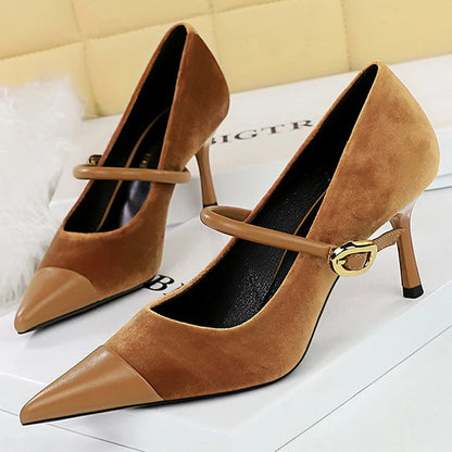 Shoes New Buckle Design Pumps Pointed Shoes High Heels Suede Stilettos Heels 7cm 10cm Shoes Large Size 43