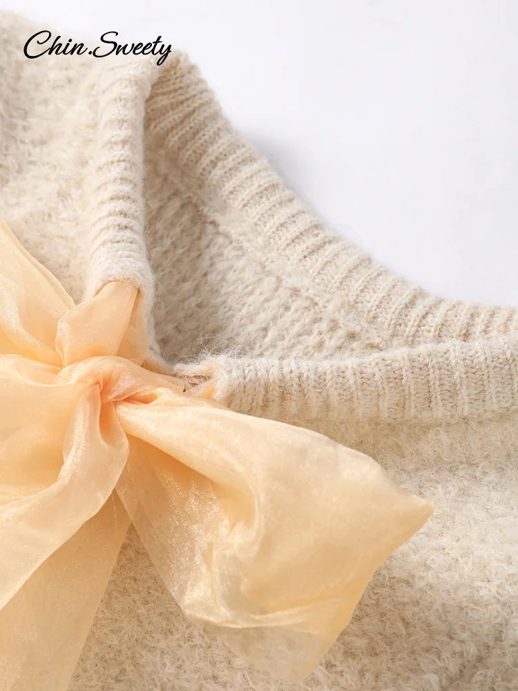 Mohair Knitted Short Sleeve Cardigan Lace Bow Single Breasted O-neck Slim Sweater Autumn Winter Lady Knitwear