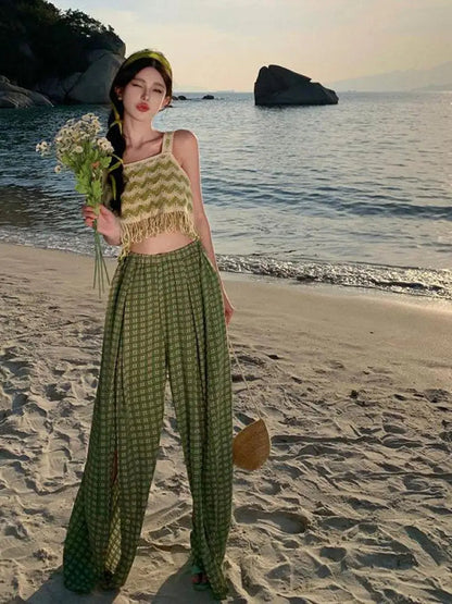 Green Print High Waist Pleated Wide Leg Pant Summer Pink Loose Straight Split Trousers