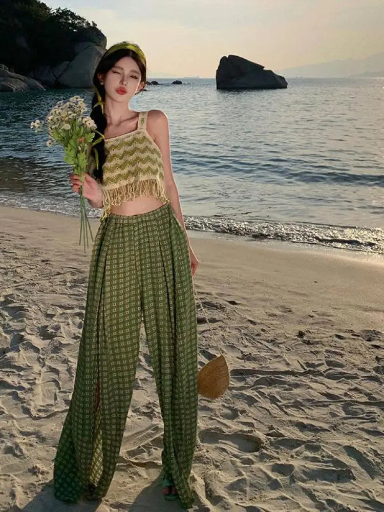 Green Print High Waist Pleated Wide Leg Pant Summer Pink Loose Straight Split Trousers