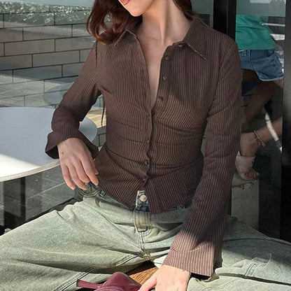 Brown Striped Blouse High Street Fitted Tee Shirt 2000s Button Top Fall Outfits