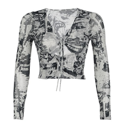 Grunge Mesh Butterfly Print Crop Top See Through Long Sleeve Hollow Out T-shirt Stylish Y2k Street Outfits