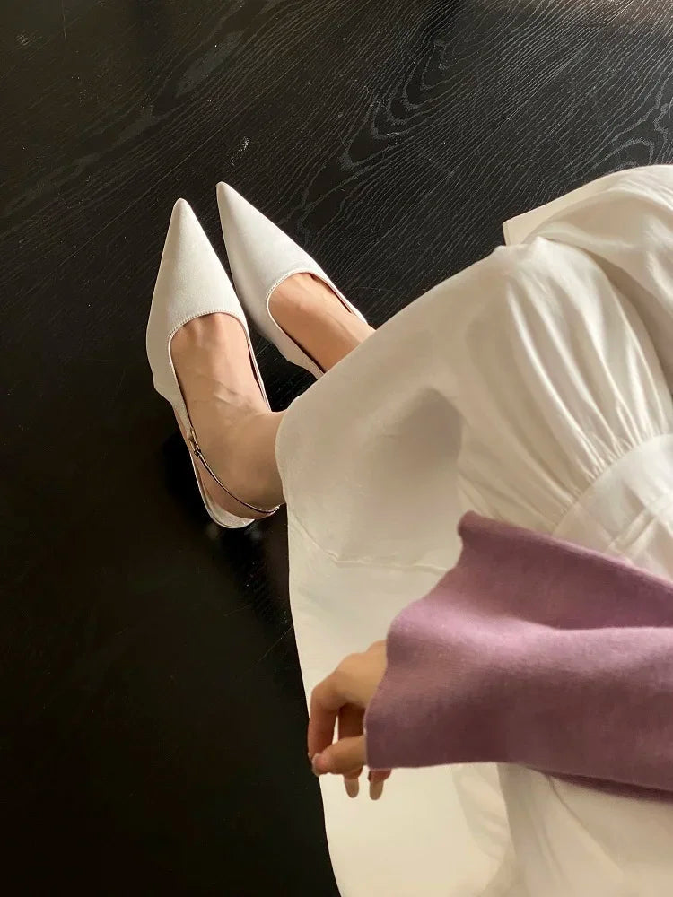 Satin Pointed Toe Mules Pumps Sandals Spring Shallow Thin Low Heels Female Shoes