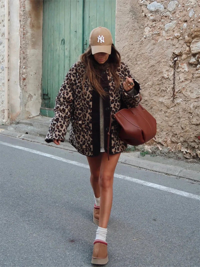 Jacket Winter Commuter Leopard-print Lamb Wool Jacket for Outwears