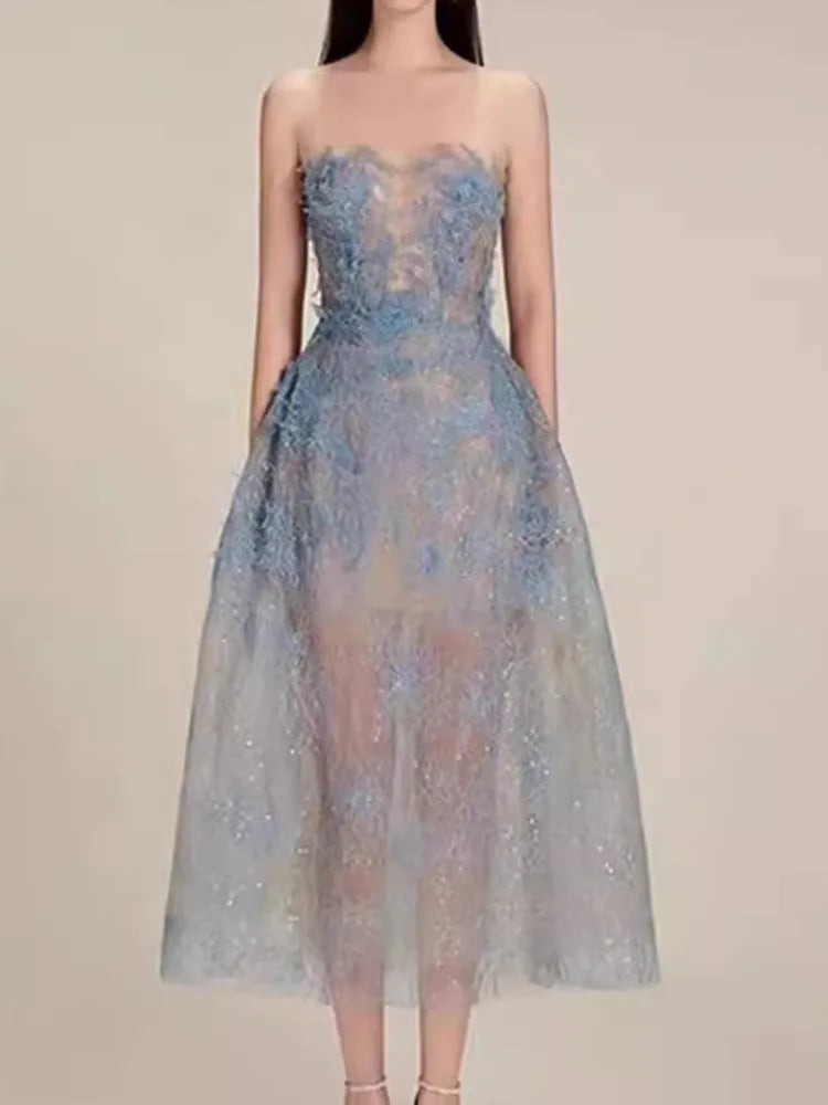 Korean Style 3d Flower Sequin Lace Strapless Dress Multi-color Mesh Long Dresses New Spring Summer A7877
