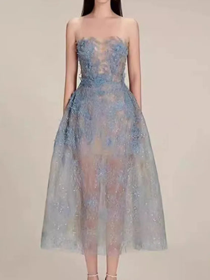 Korean Style 3d Flower Sequin Lace Strapless Dress Multi-color Mesh Long Dresses New Spring Summer A7877