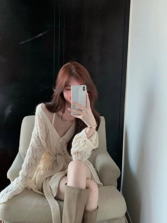 Knitted Sweater Bandage Hollow Out Long Sleeve Loose Stretch V Neck Pullover Ins Female Jumper