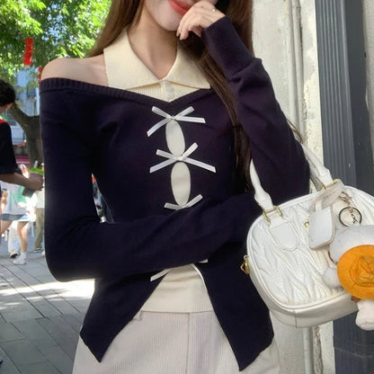 Korean Contrast Color Bow Patchwork Longsleeved Sweater Autumn New Strapless Slim Knitted Tops