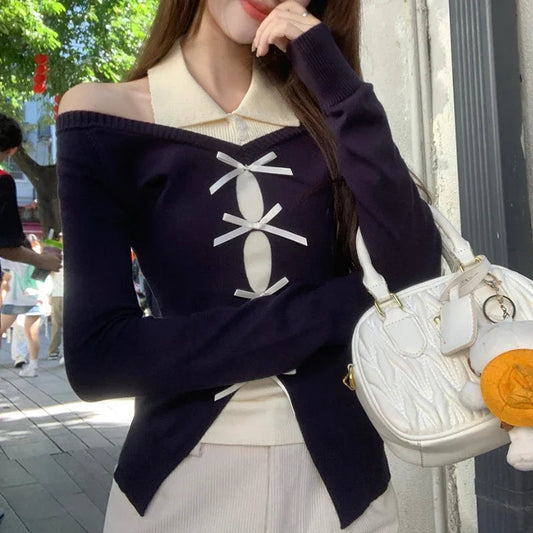 Korean Contrast Color Bow Patchwork Longsleeved Sweater Autumn New Strapless Slim Knitted Tops