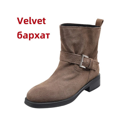 Ankle Boots Cow Suede Round Toe Motorcycle Boots Thick Low Heels Warm Autumn Winter Shoes Buckles Boots