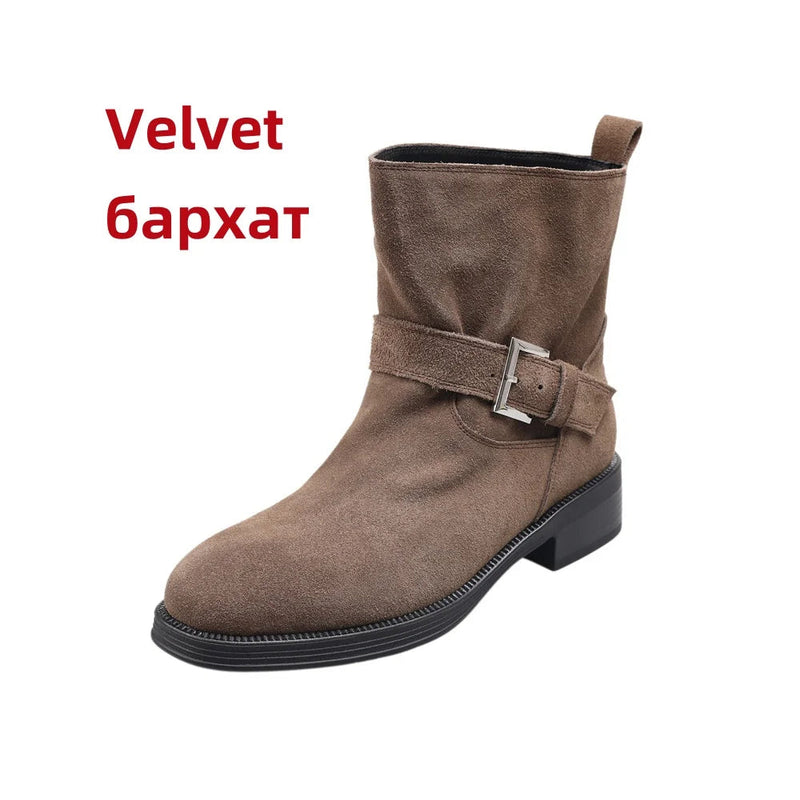 Ankle Boots Cow Suede Round Toe Motorcycle Boots Thick Low Heels Warm Autumn Winter Shoes Buckles Boots