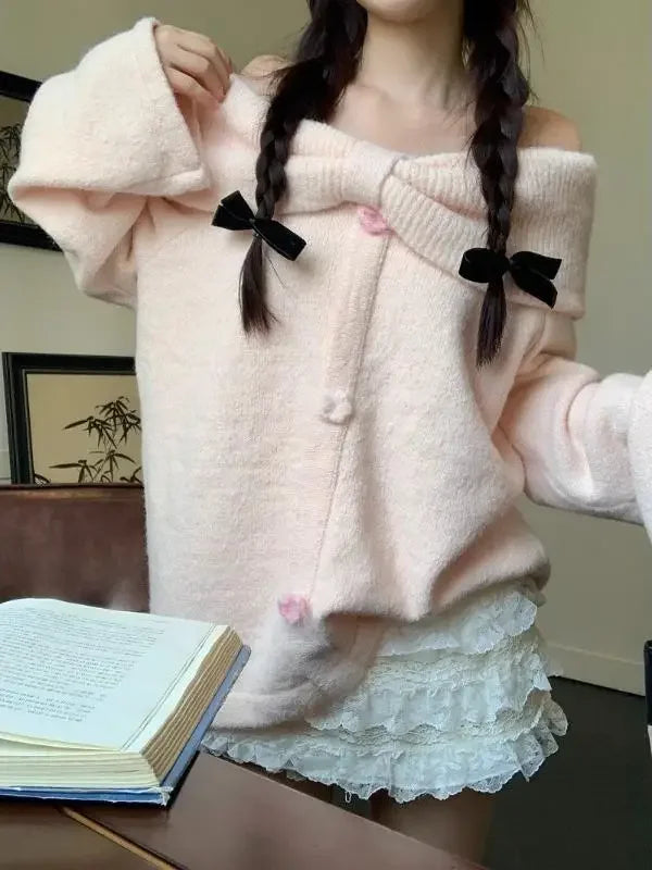 Off Shoulder Pink Sweet Gentle Wind Bow Soft Glutinous Sweater Autumn Loose Versatile Knitted Top