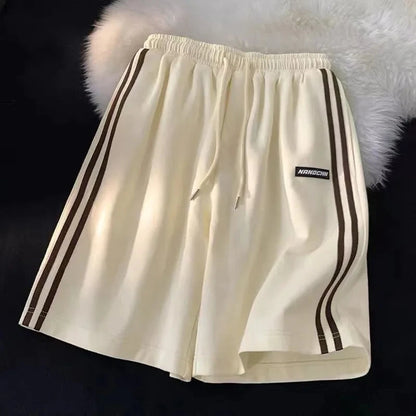 Striped Shorts Summer Loose Wide Leg Shorts Korean Elastic Waist Sports Shorts Bf Couple Oversized