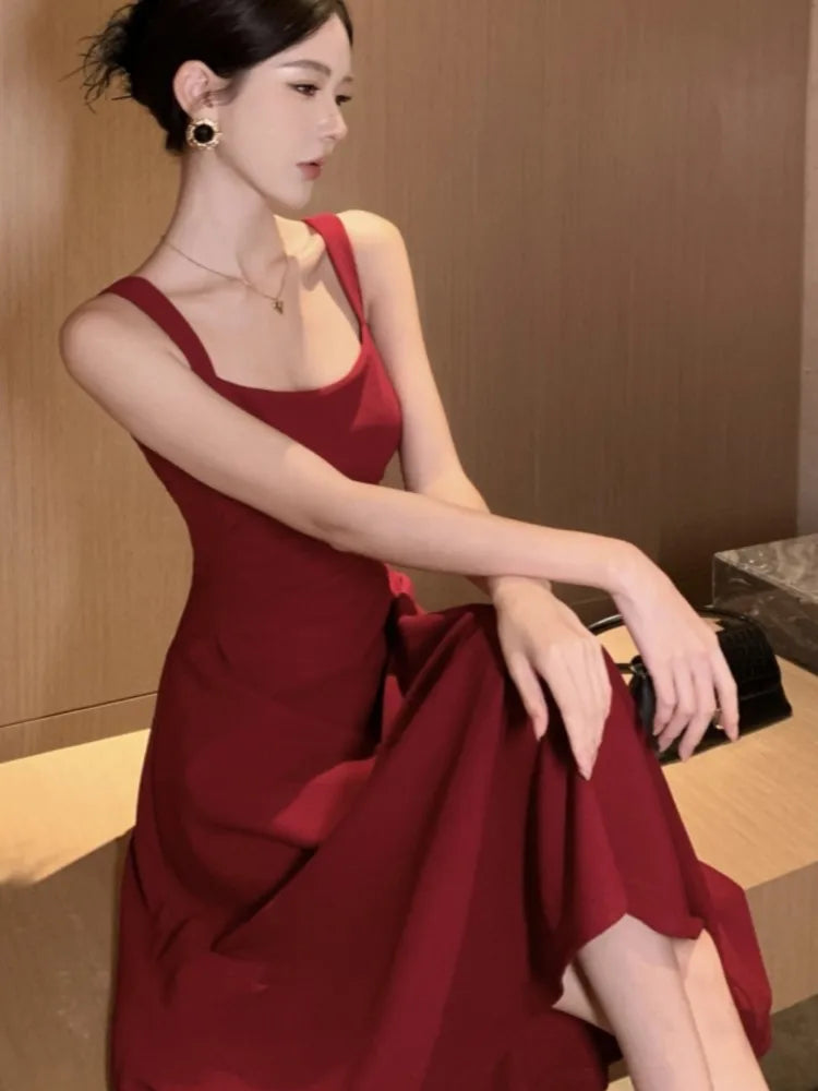 Summer Midi Dress Spaghetti Strap Square Collar High Waist Slim Evening Party Dresses Prom Robe Vestido New