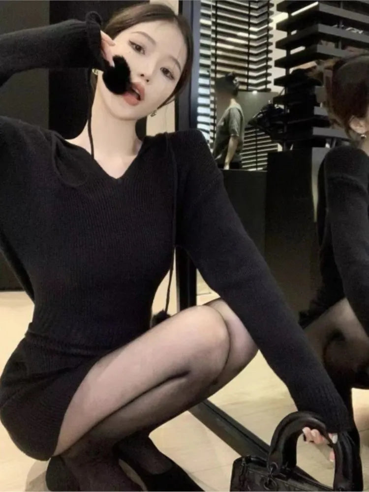 Autumn ’s Knitted Dresses for Hoodies V-neck Long Sleeve Bodycon Short Dress Korean Vestidos Mujer New