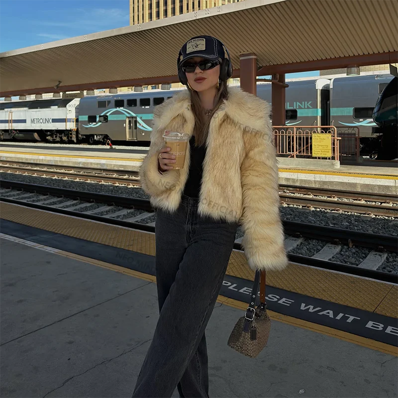 Winter Fluffy Gradient Faux Fur Coat Thicken Warm Fox Fur Jacket Style Furry Fur Overcoat