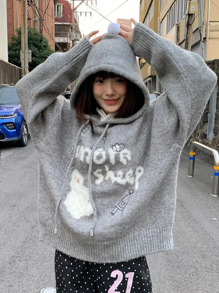 Kawaii Snowman Hooded Sweatshirt Gray Ribbed Hoodies Knitwear Korean Oversize Cutecore Winter Clothes