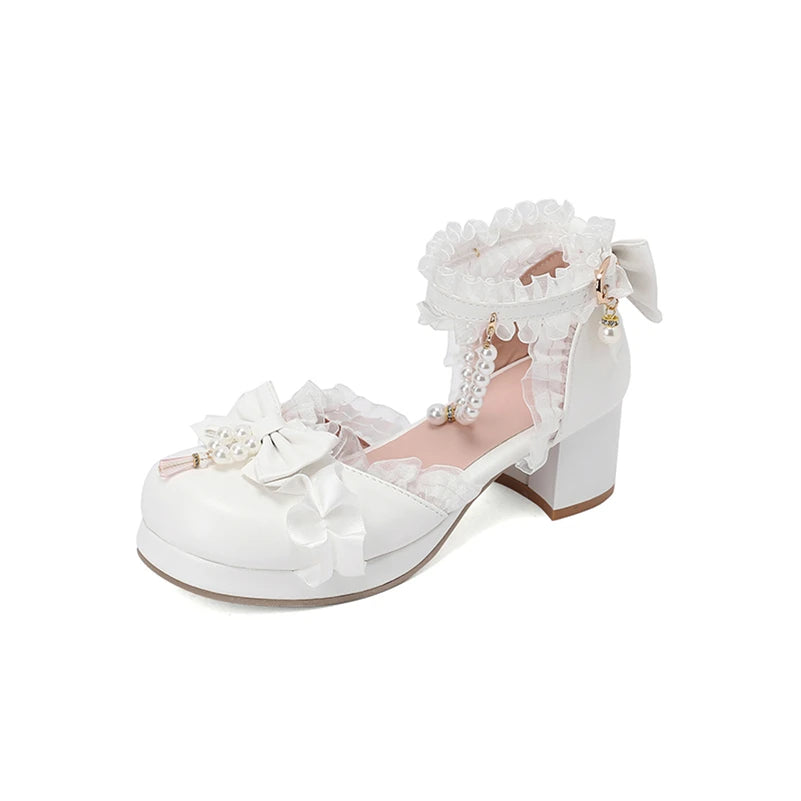 Kawaii Ankle Strap Lolita Pumps Round Toe Platform Thick Mid Heel Buckle Bow Bead Cosplay Lady Shoes Spring Autumn