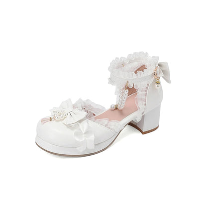 Kawaii Ankle Strap Lolita Pumps Round Toe Platform Thick Mid Heel Buckle Bow Bead Cosplay Lady Shoes Spring Autumn