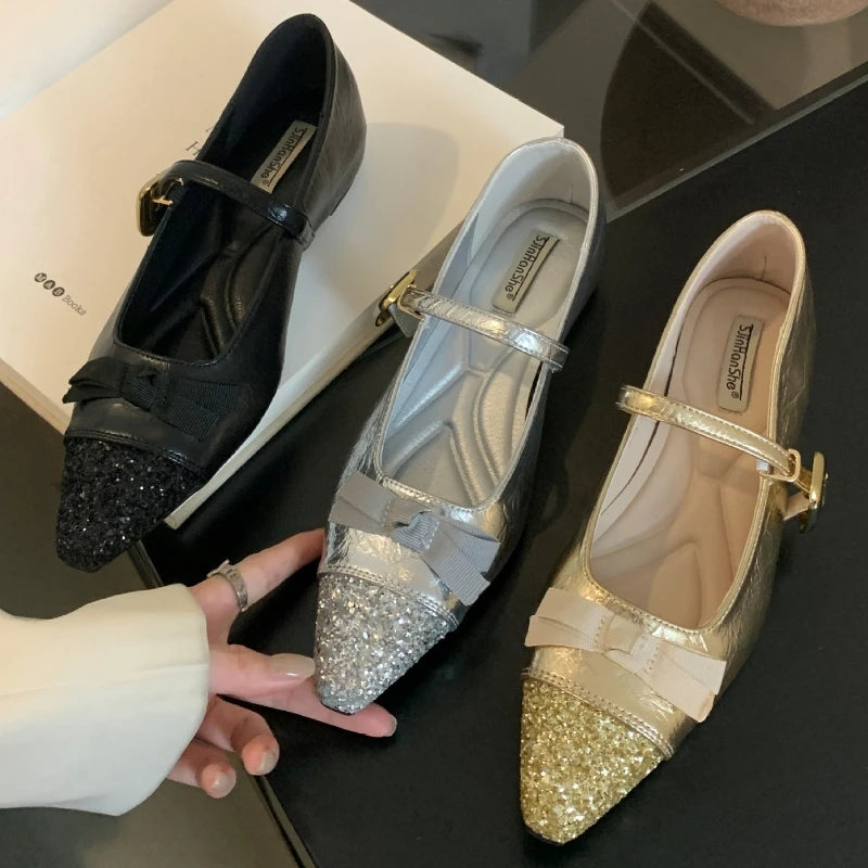 Bling Butterflyknot Mary Jane Shoes Flat Shoes Shallow Comfort Increased Internal Brand Dress Shoes