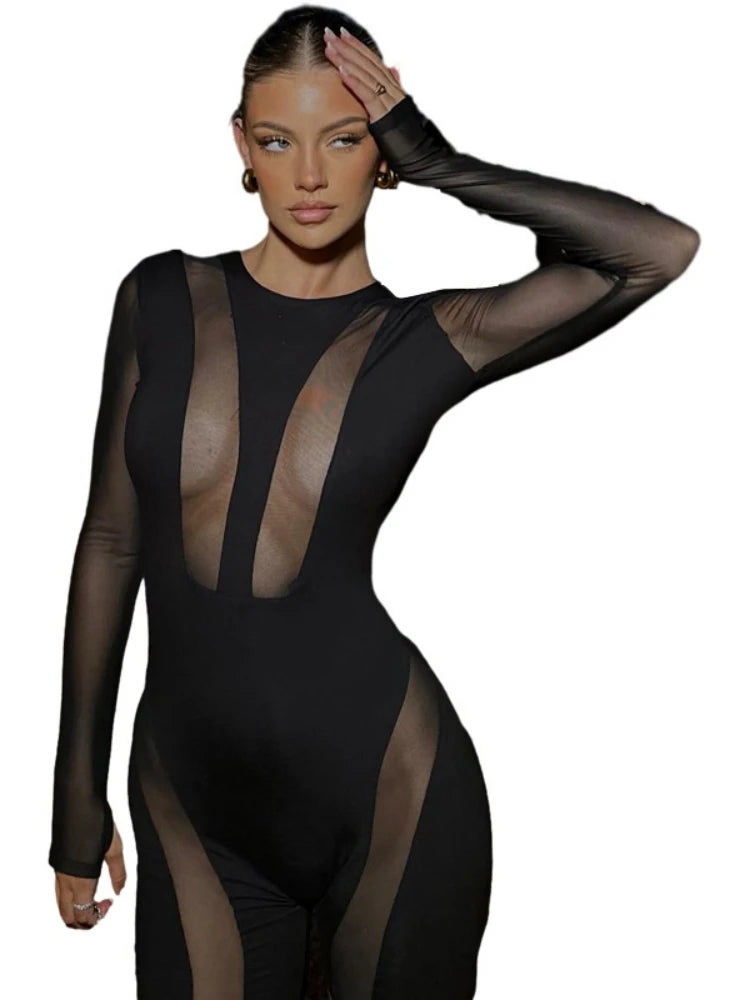 Black Bodycon Jumpsuits One Piece See Through Overalls for Club Outfits Knee Length Playsuit Long Sleeve Romper