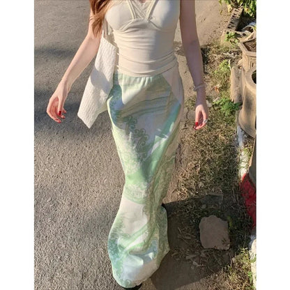 American Print Green Aline Skirt Summer New High Waist All Match Patchwork Midlength Skirt
