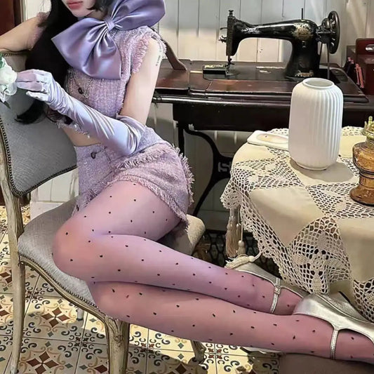 Purple Polka Dot Silk Socks Y2k Stockings Spring/summer Thin Thigh High Socks Transparency Black Tights Pantyhose