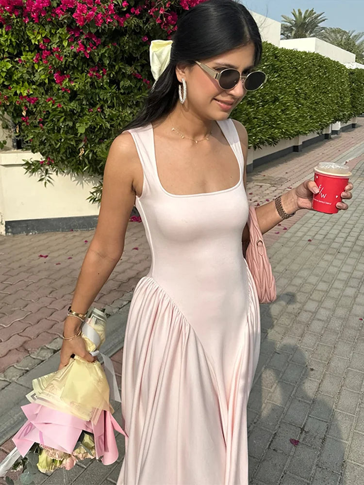 Pleated Square Neck Midi Dress