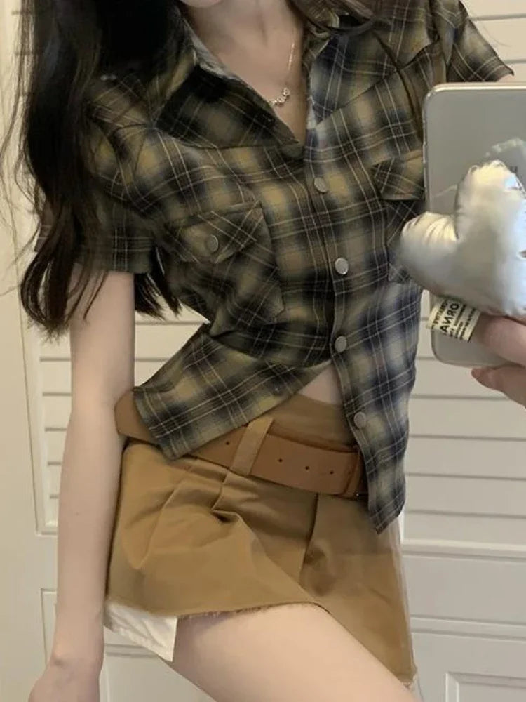 Plaid Short Sleeve Shirt American Retro Button Up Cardigan Blouse Female 90s Summer Cargo Slim Tops