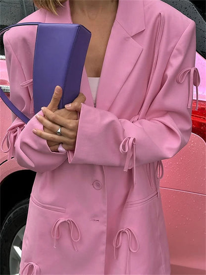 Suit Outwear for Lace-up Patchwork Pocket Loose Long Sleeve Cardigan Female Coat New