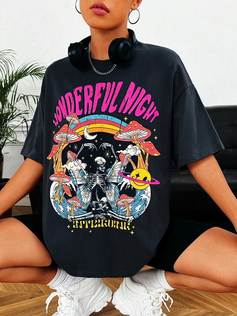 Dancing Skull Printed Female T-shirts Cool Comfortable Tshirts Funny Tee Shirts Hip Hop Oversized Tops