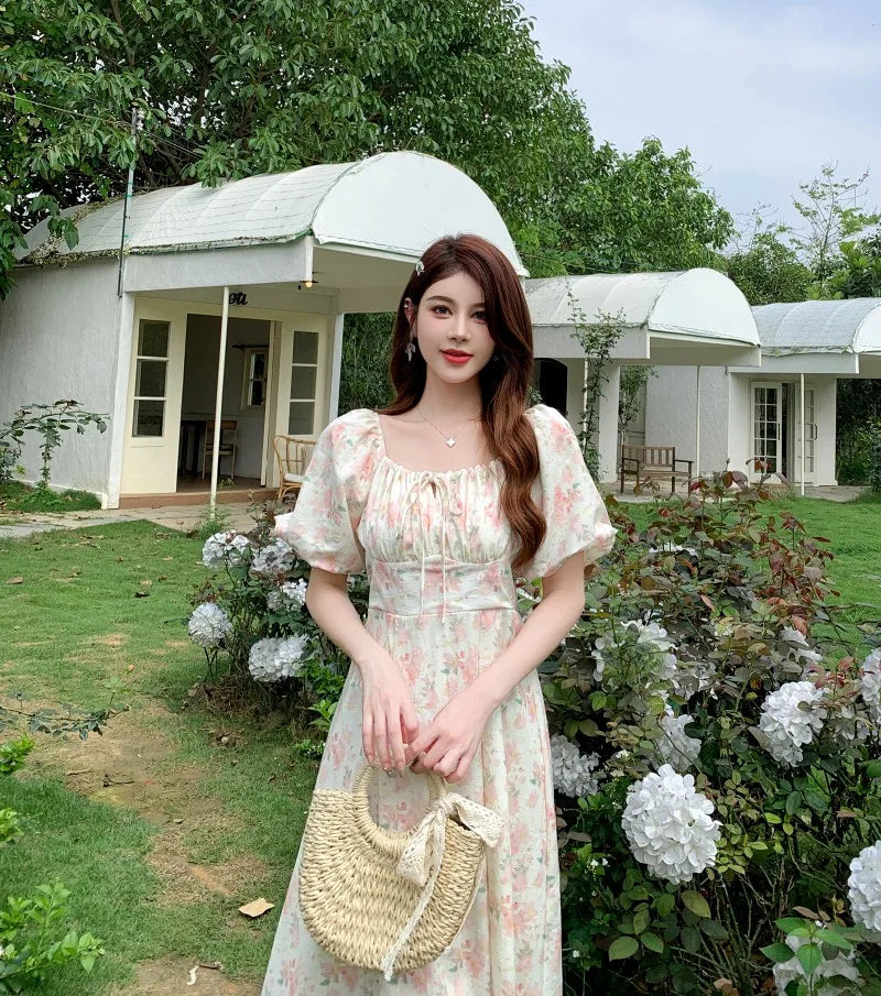 Summer Printed Midi Dress Off Shoulder Puff Sleeve Fairy Aline Dresses Korean Fahion Vestidos Mujer