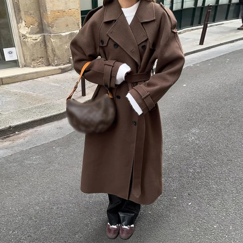 Lapel Long Coats With Belt Lace Up Double Breasted Full Sleeve Overcoat Autumn Winter New Lady