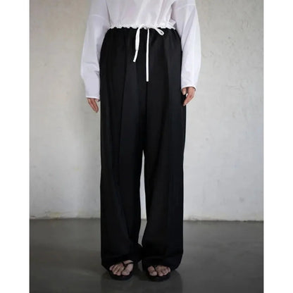 Summer Korean Retro High Street Black and White Stitching Elastic Laceup Wide Leg Pants