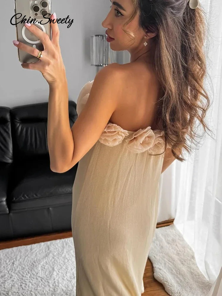 3d Flower Knit Long Dress Off Shoulder Backless Loose Party Beach Vacation Dresses Spring Lady Knitwear New