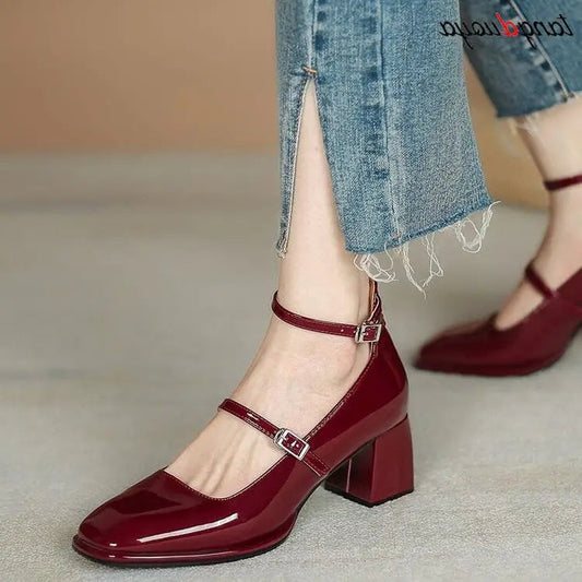Heels Shoes Mary Jane Shoes Woman Pumps Patent Leather High Heels Dress Shoes Red Wedding Shoes Spring Double Buckle