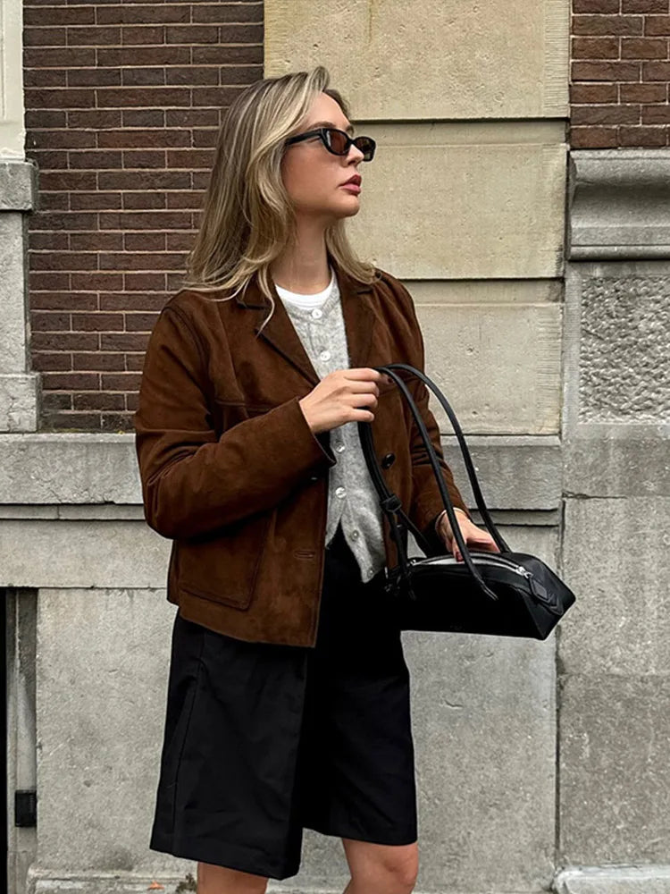 Retro Suede Female Blazer Jacket Lapel Single Breasted Long Sleeve Lady Short Coat Autumn Winter Pockets Lady Outwear