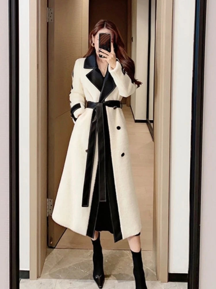 Autumn Winter Woolen Coat Patchwork Long Jackets With Belt Lapel Korean Female Outerwear New Soft Overcoat