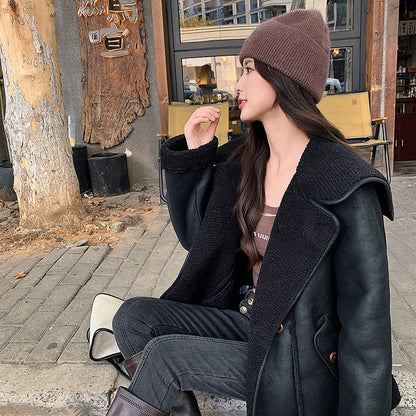 Sweet Hot Girl Lamb Wool Coat Winter Thick Turndown Collar Sueded Doublesided Fur Coat Female Clothes