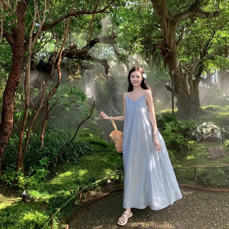 Korean Summer New Blue Club Festival Backless V Neck Long Dress Sleeveless Holiday Loose Pleated Dress Simple