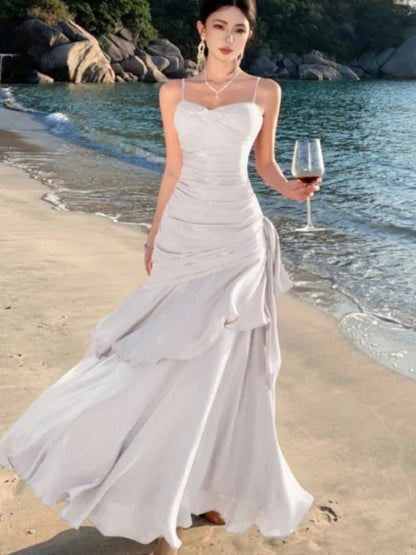 Spaghetti Strap Long Dresses Sleeveless Princess Ruffles Evening Party Dress Summer Holiday Beach Vestidos Robe New