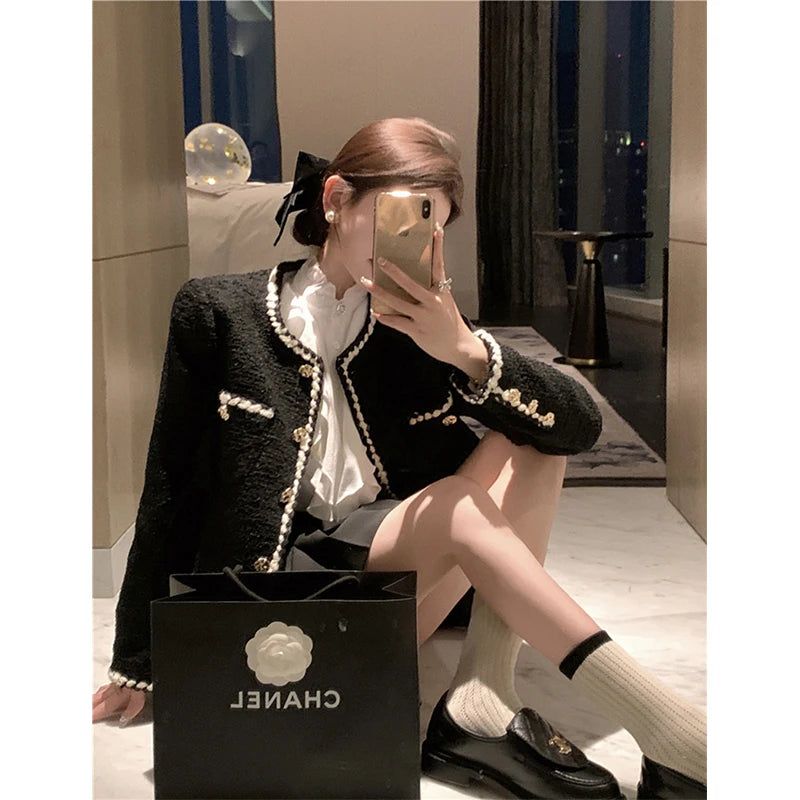 Tweed Jackets Black Cropped Suit Coat Korean Thicken Blazer Single Breasted Short Outerwear Tops New