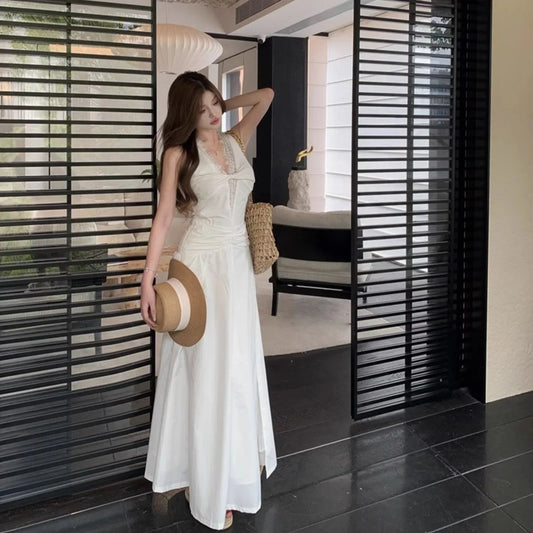 French Style Vneck Lace Splicing Dress Summer New Temperament Slimming Offtheshoulder Party Evening Long Dresses