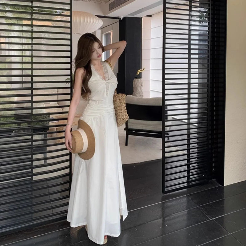 French Style Vneck Lace Splicing Dress Summer New Temperament Slimming Offtheshoulder Party Evening Long Dresses